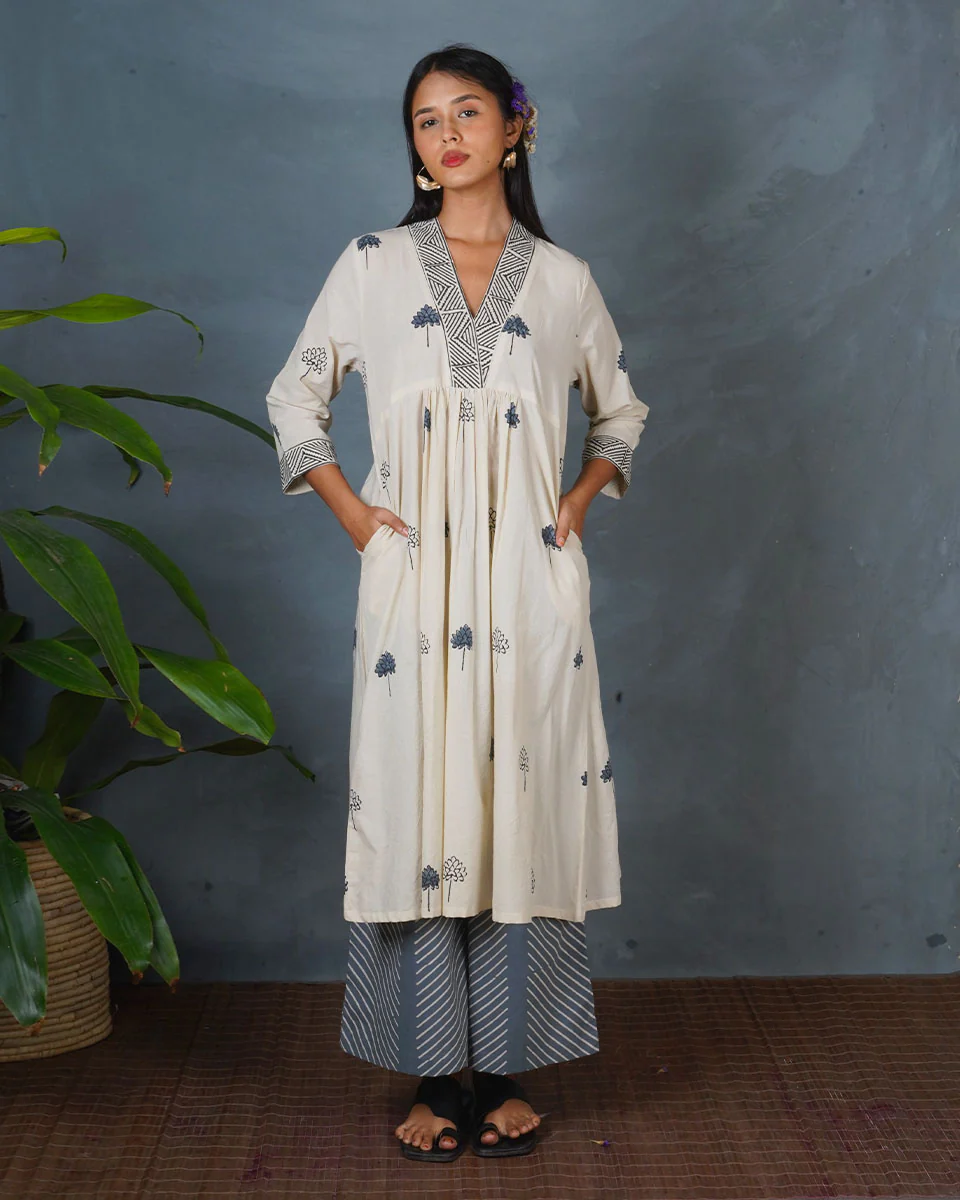Grey Bloom Ivory Block Printed Kurti - BMS - Image 5