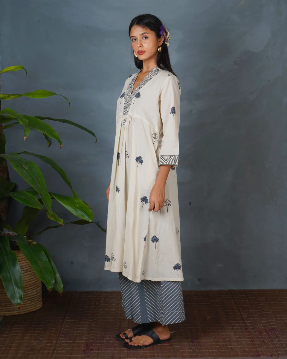 Grey Bloom Ivory Block Printed Kurti - BMS - Image 7