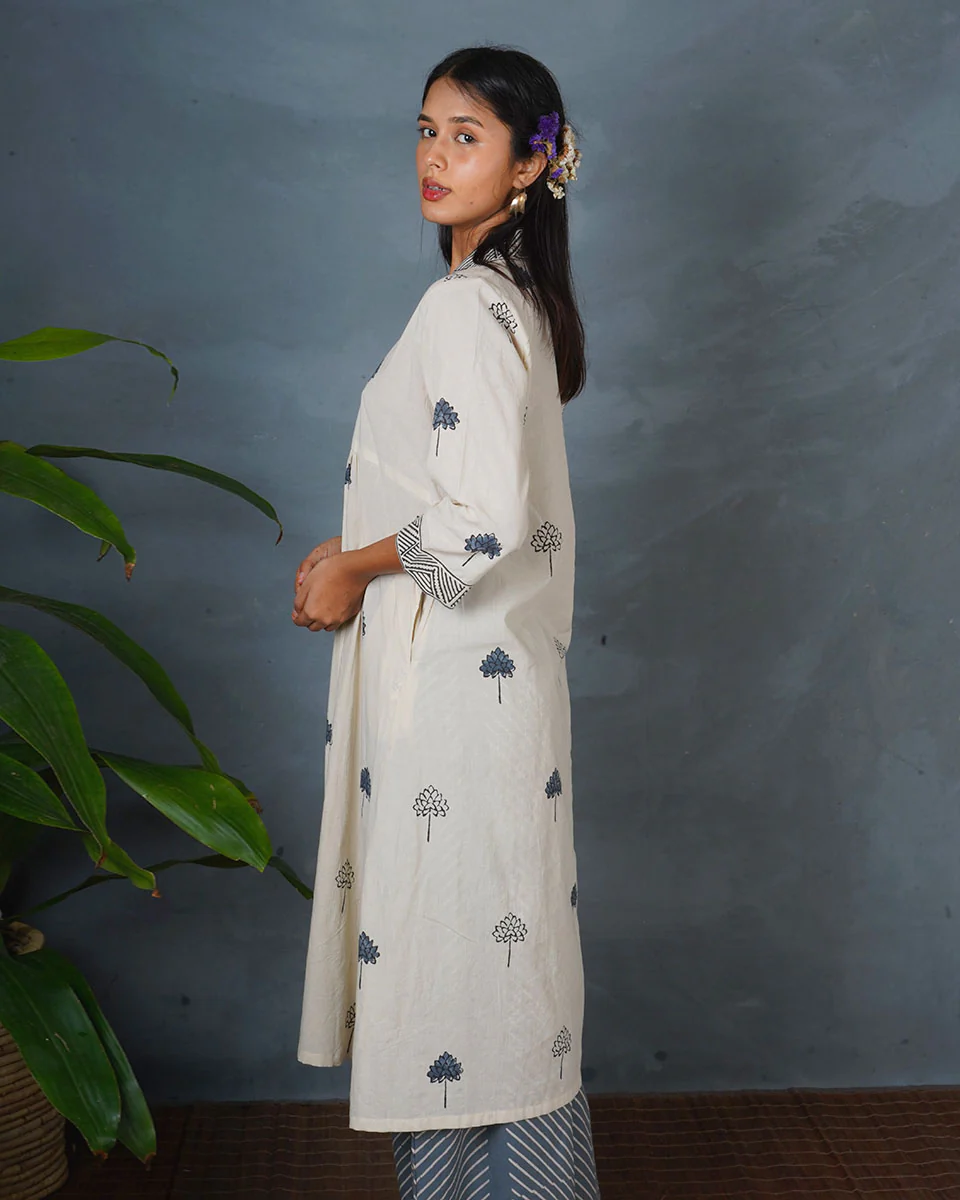 Grey Bloom Ivory Block Printed Kurti - BMS - Image 9