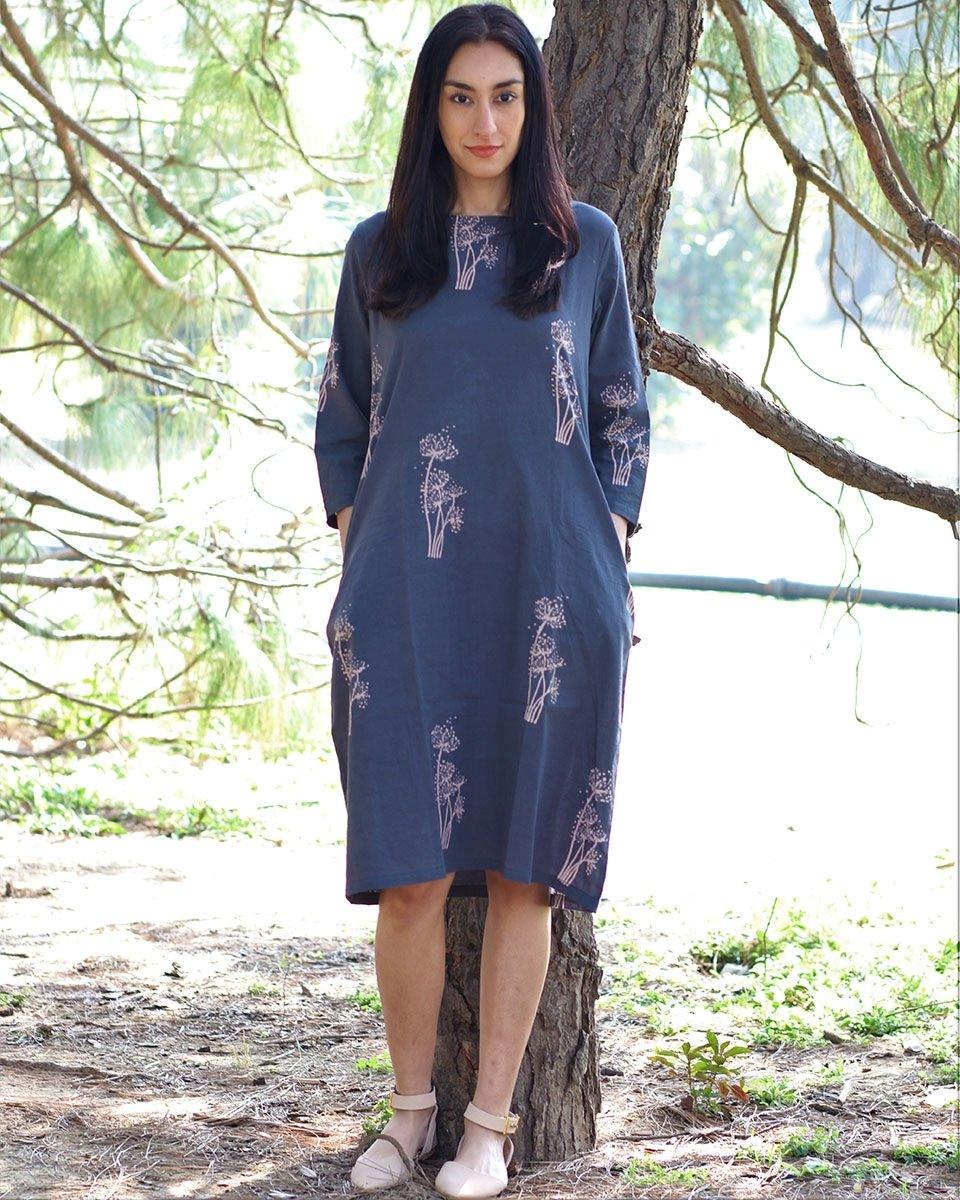 Grey - Wildflower - Blockprinted - Cotton - Dress