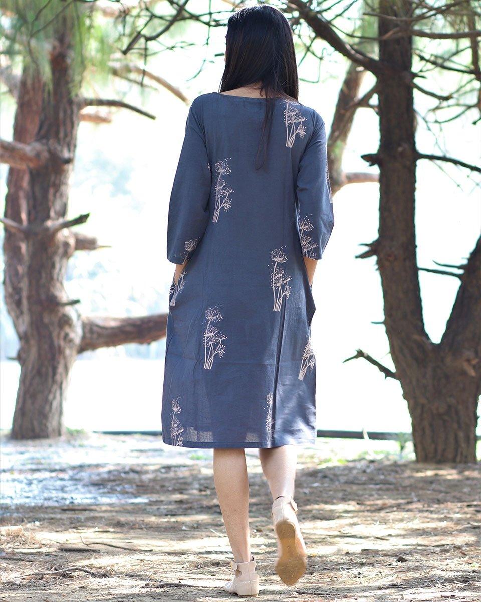 Grey - Wildflower - Blockprinted - Cotton - Dress - Image 2