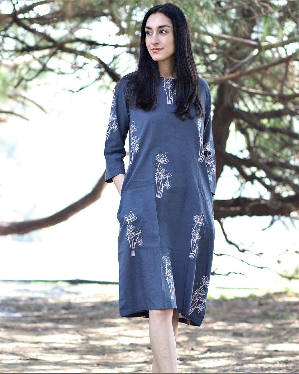 Grey - Wildflower - Blockprinted - Cotton - Dress - Image 4