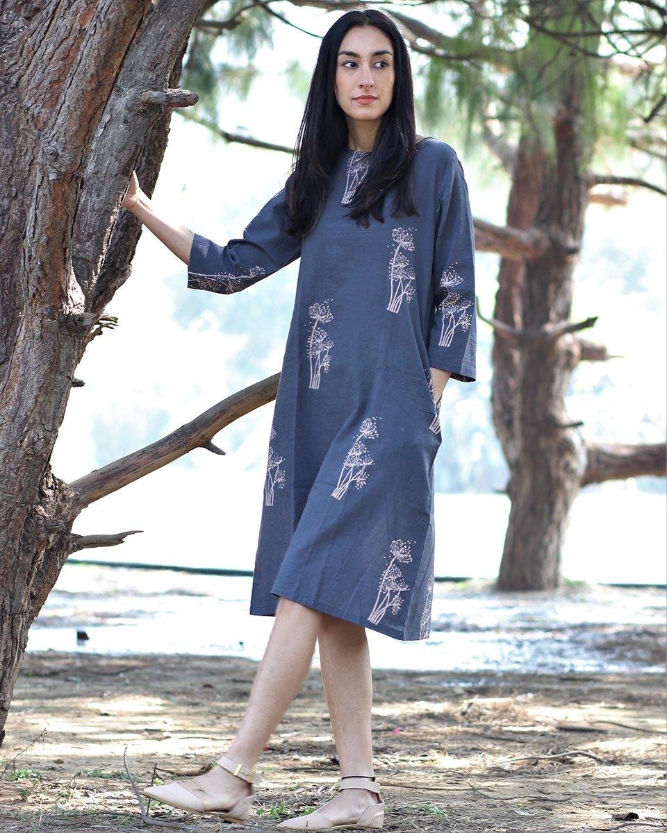 Grey - Wildflower - Blockprinted - Cotton - Dress - Image 5