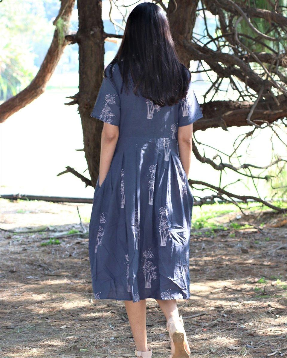 Grey Wildflower Blockprinted Cotton Pleated Dress - Image 2