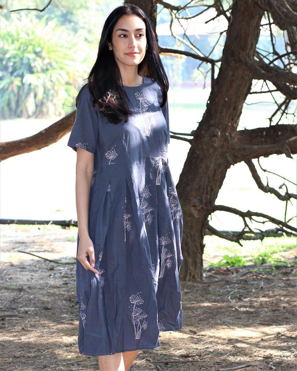 Grey Wildflower Blockprinted Cotton Pleated Dress - Image 4