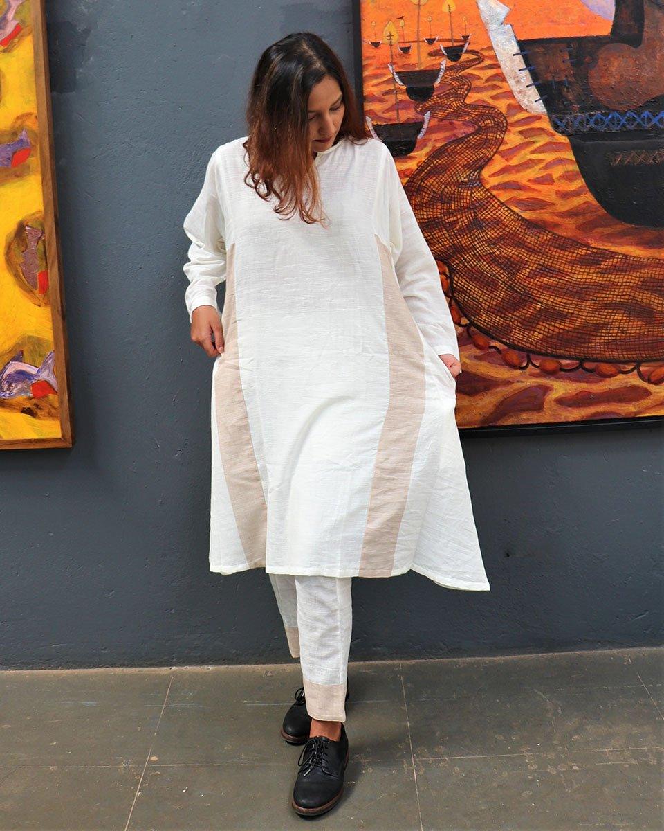Handwoven Cotton Milk Kurta Set-Mog - Image 5