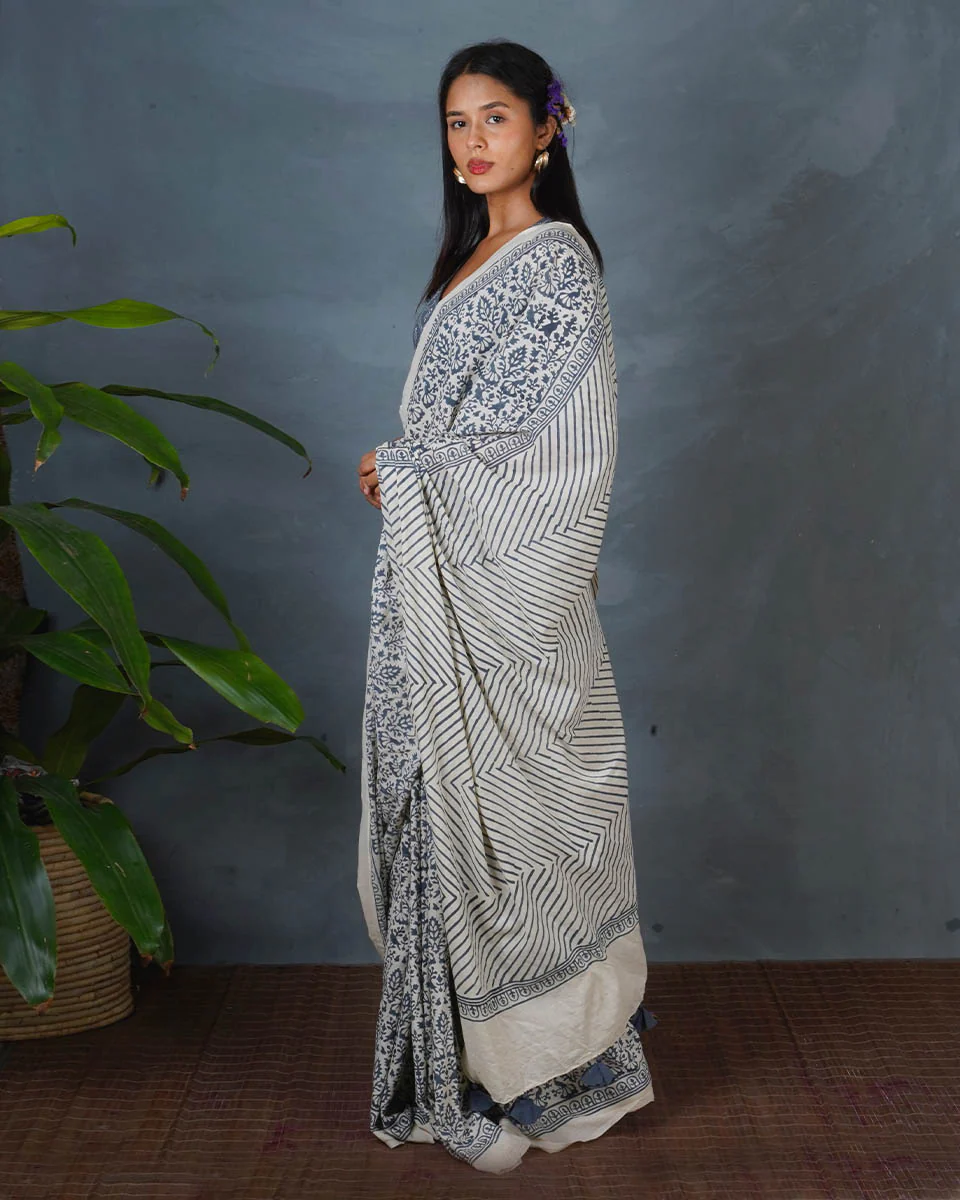Haze Tide Ivory Block Printed Saree - BMS - Image 5