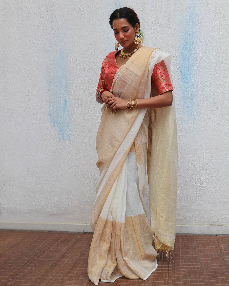Indumukhi Golden Handwoven Linen Zari Saree - Onam - Image 4