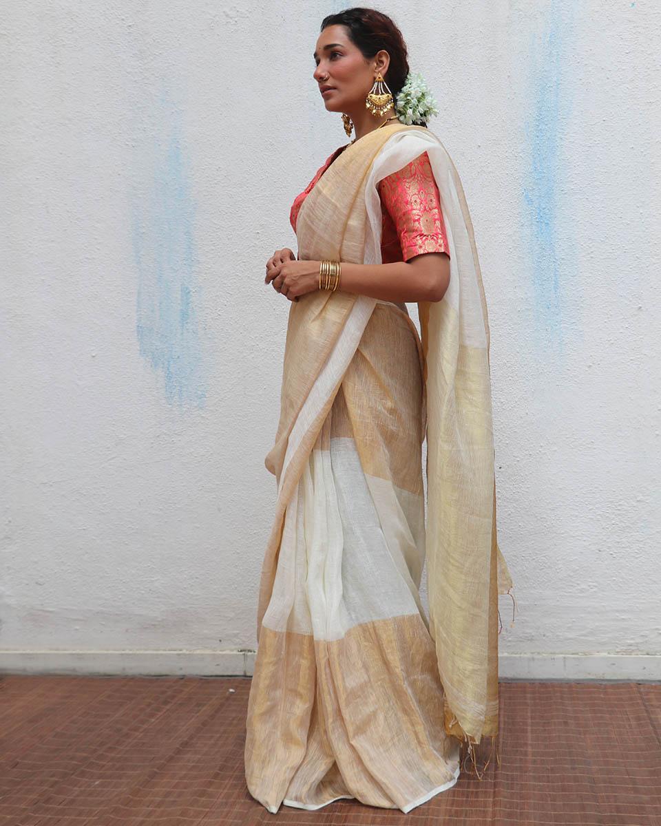 Indumukhi Golden Handwoven Linen Zari Saree - Onam - Image 6