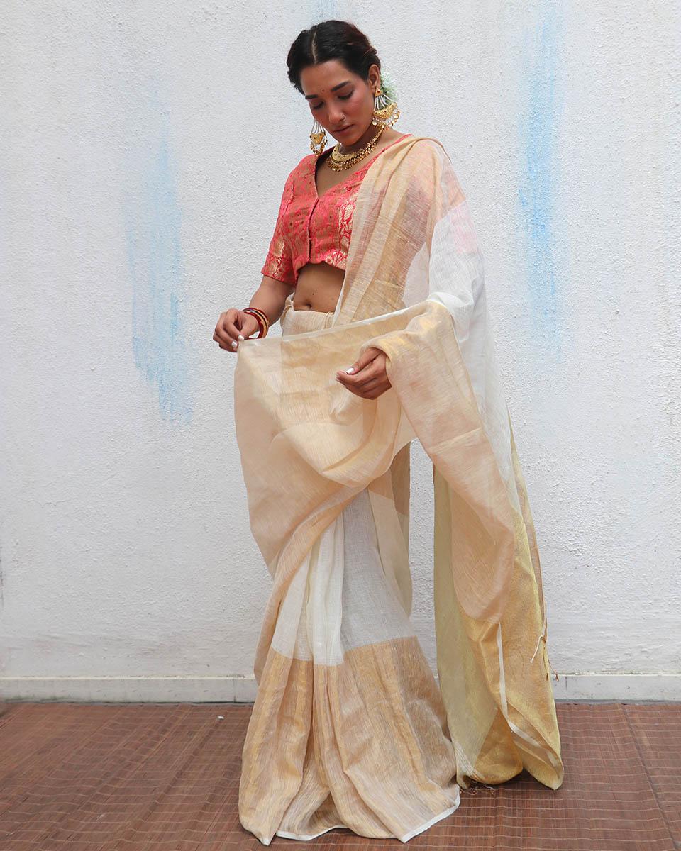 Indumukhi Golden Handwoven Linen Zari Saree - Onam - Image 7
