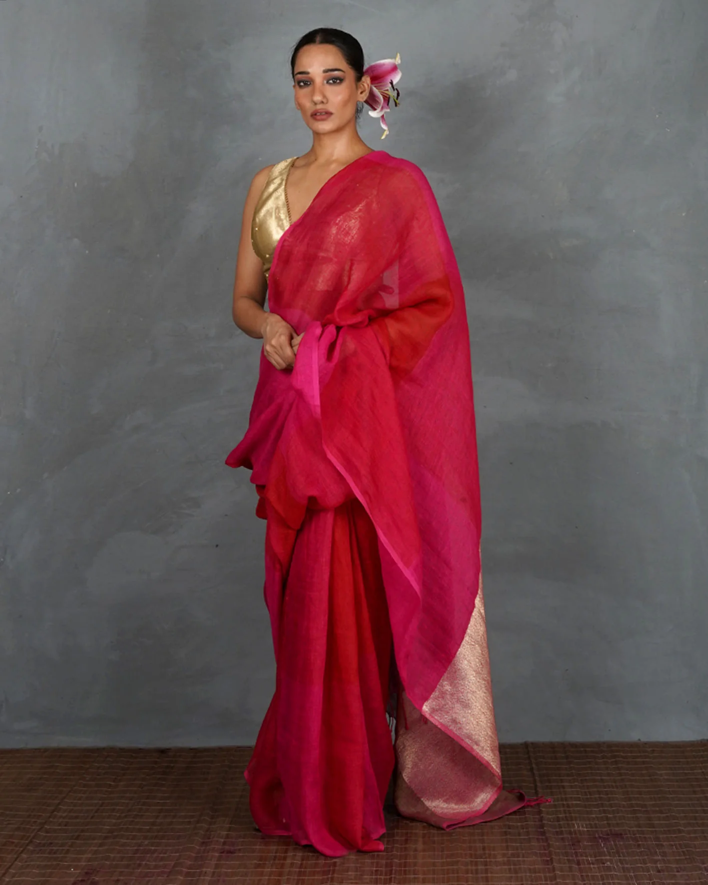Inner Glow Red With Pink Handwoven Linen Saree - TARA