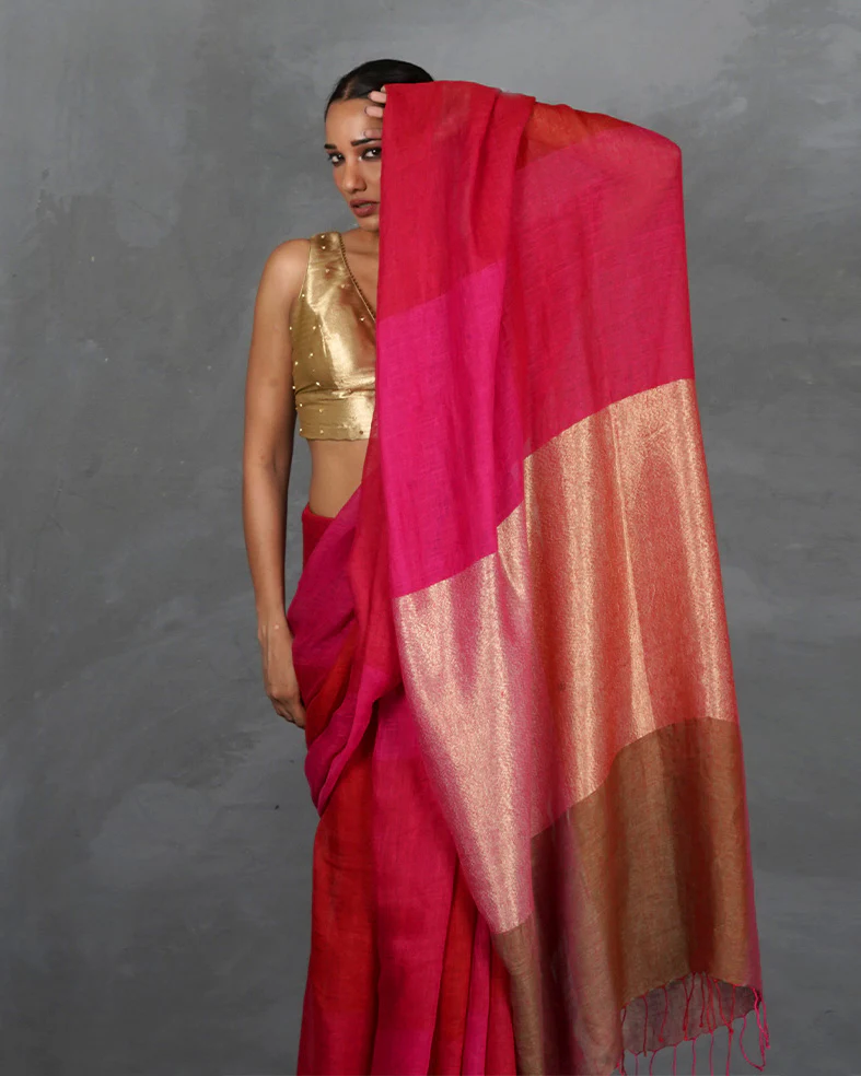 Inner Glow Red With Pink Handwoven Linen Saree - TARA - Image 10
