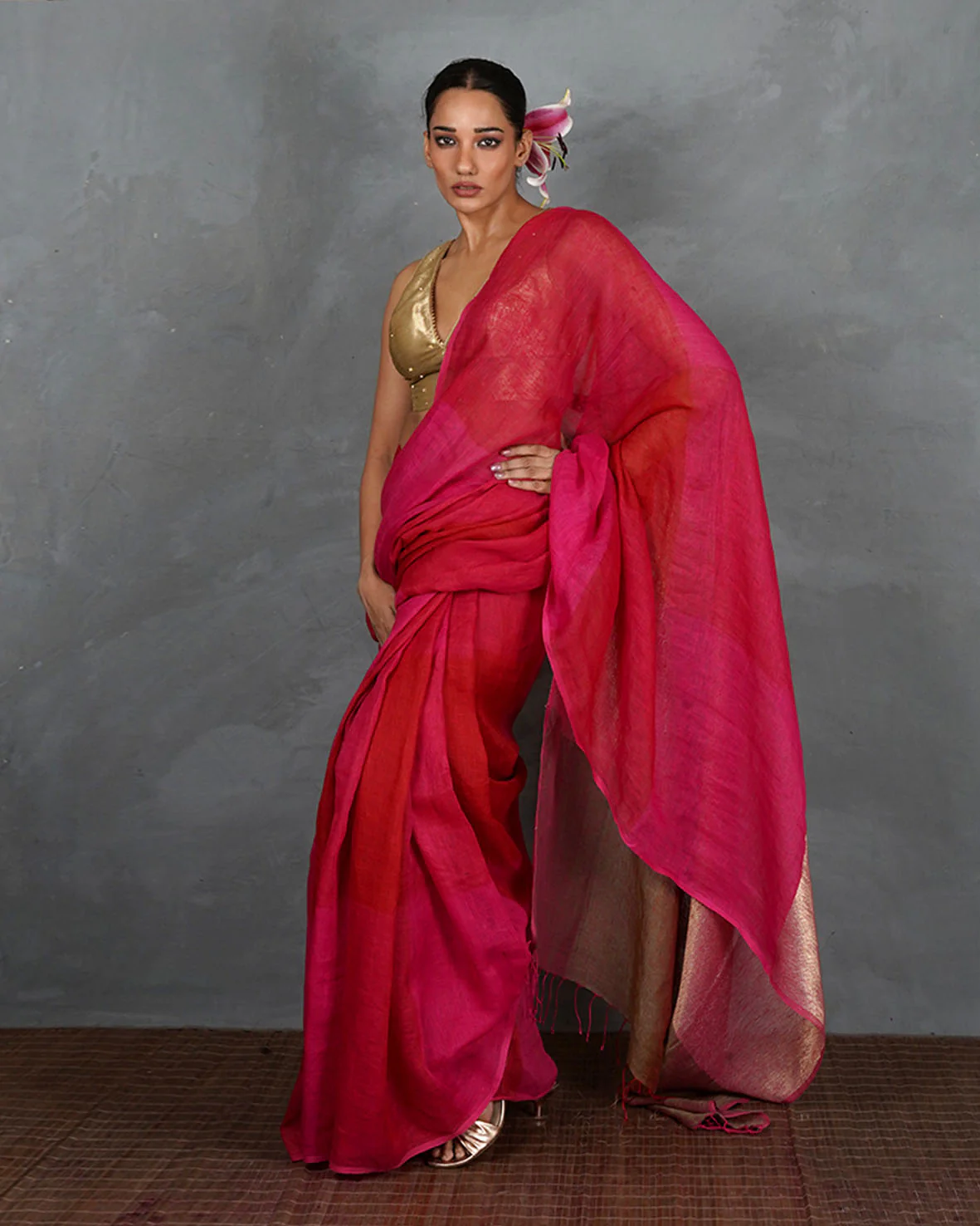 Inner Glow Red With Pink Handwoven Linen Saree - TARA - Image 7