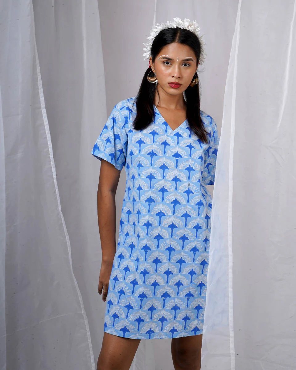 Ira Blue Hand Block Printed Dress-BAD - Image 10