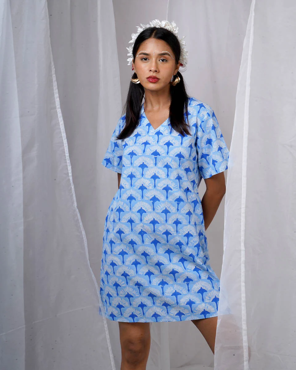 Ira Blue Hand Block Printed Dress-BAD - Image 6