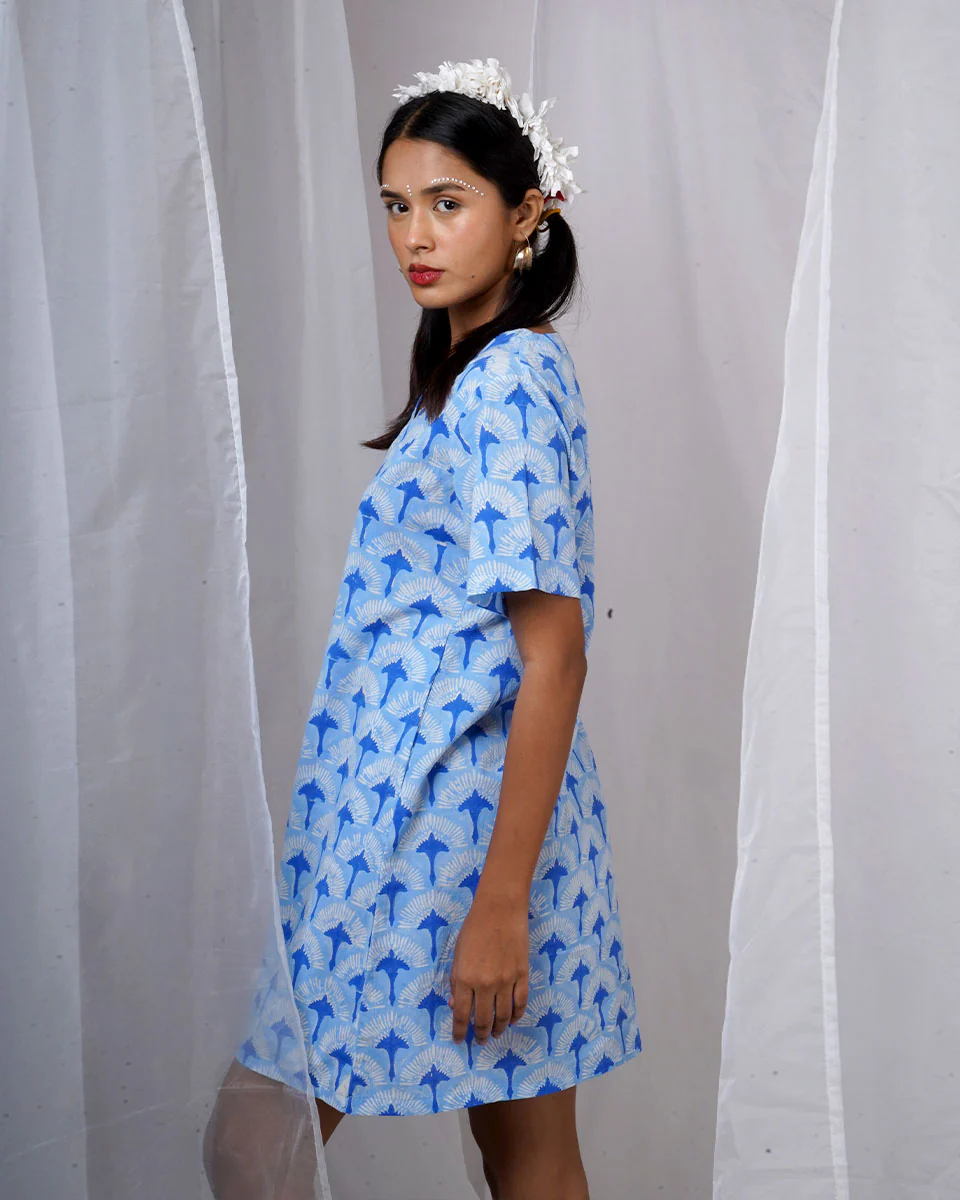 Ira Blue Hand Block Printed Dress-BAD - Image 7
