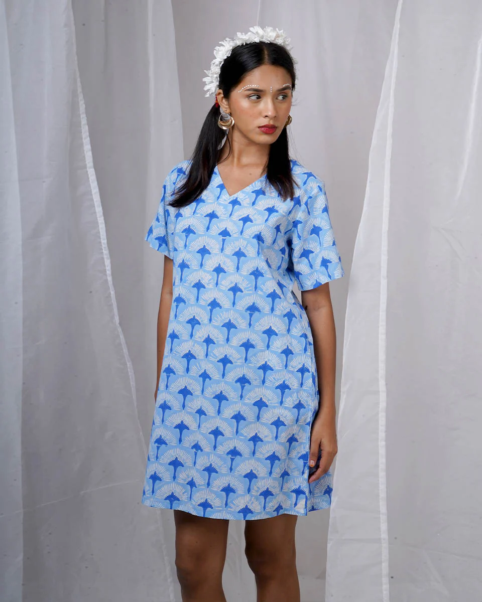 Ira Blue Hand Block Printed Dress-BAD - Image 9