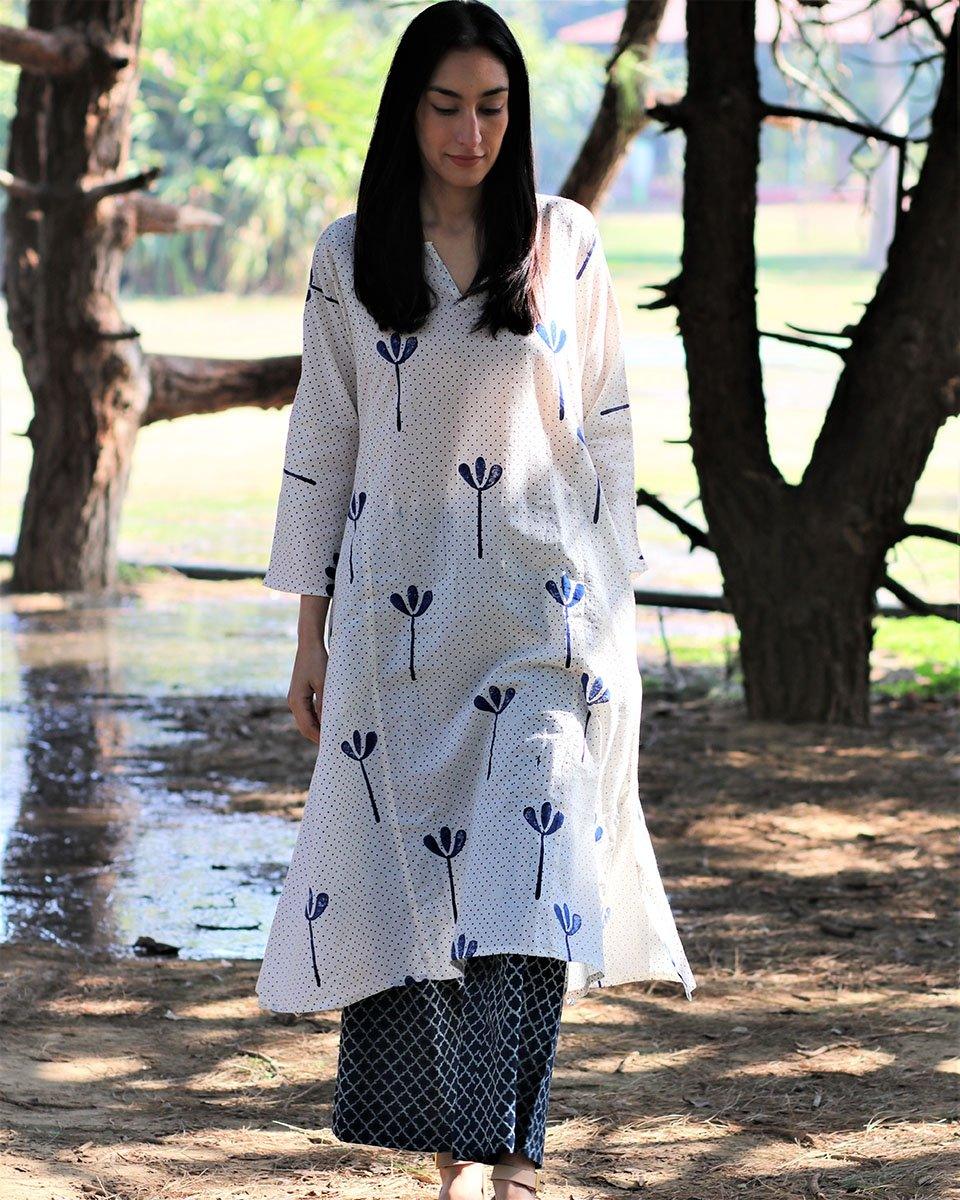 Ivory Blue Blockprinted Cotton Kurta With Palazzo (Set Of 2) - Image 4