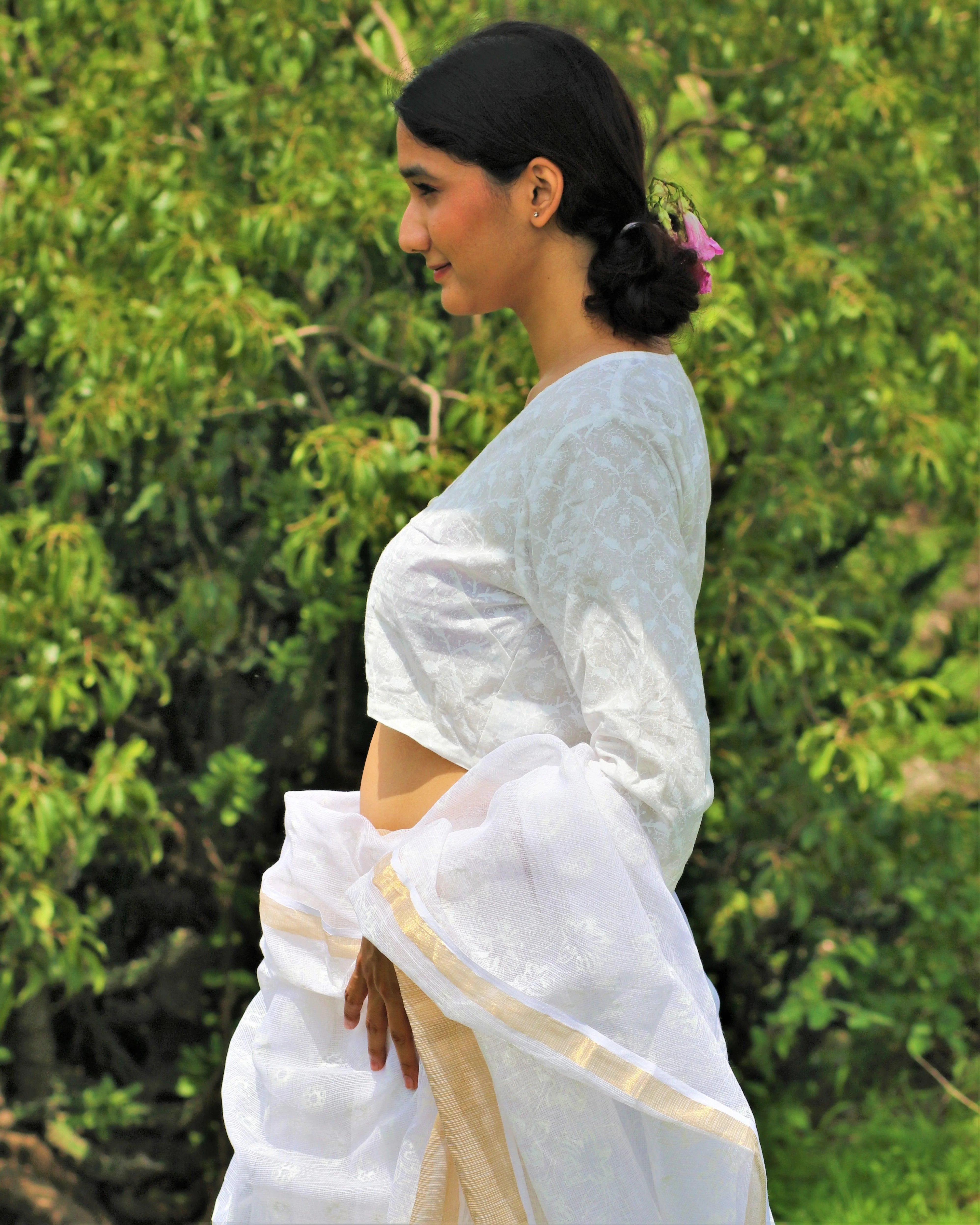 Ivory Pure Cotton Handprinted Blouse-Safed - Image 4