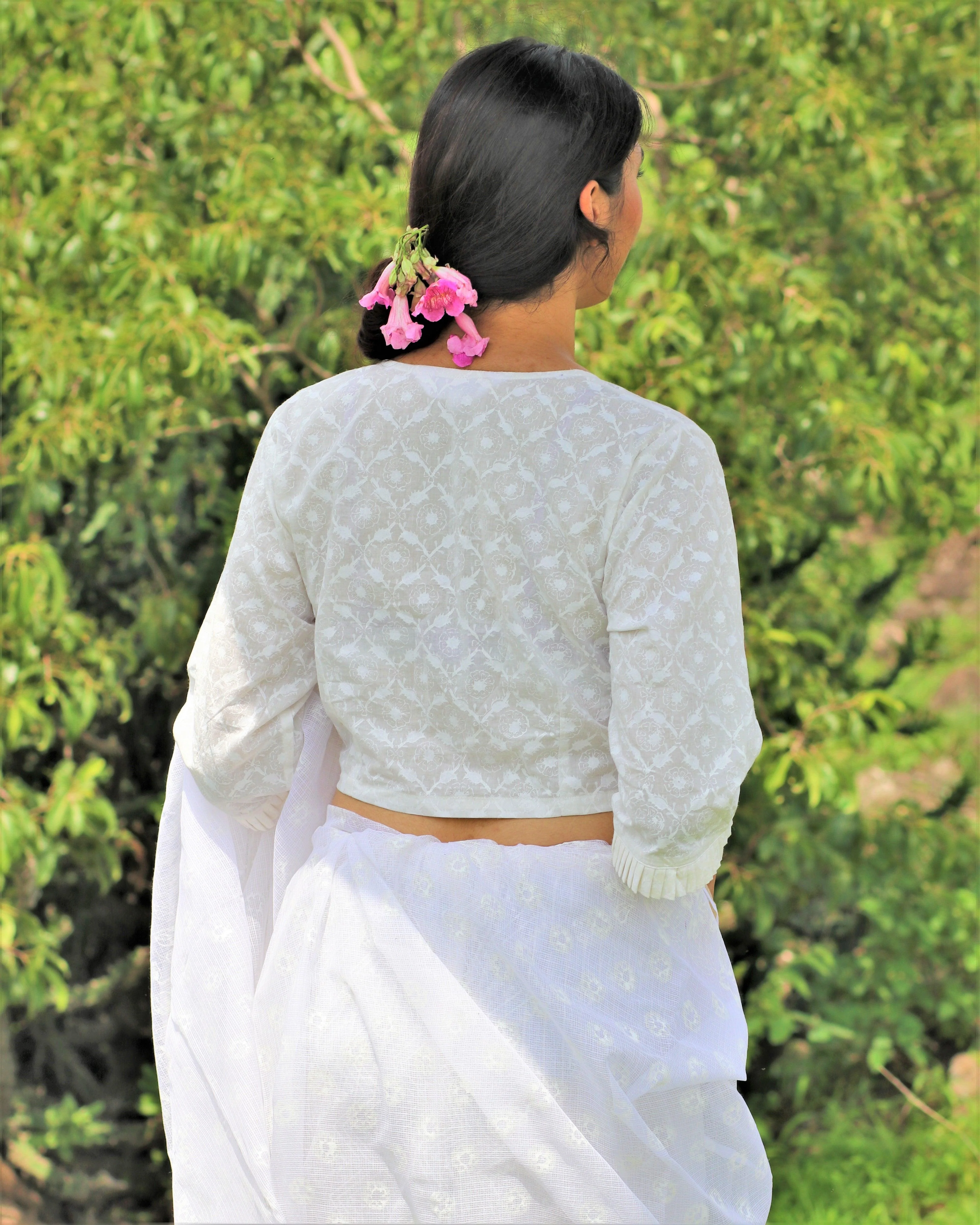 Ivory Pure Cotton Handprinted Blouse-Safed - Image 6
