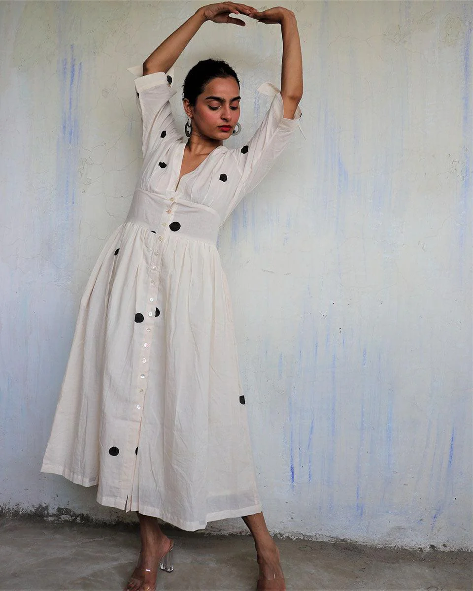 Ivory Pure Cotton Polka Dot Dress-Mono - Image 2