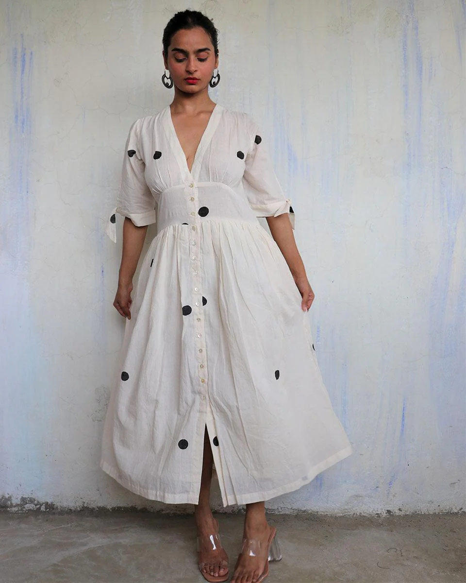 Ivory Pure Cotton Polka Dot Dress-Mono - Image 6