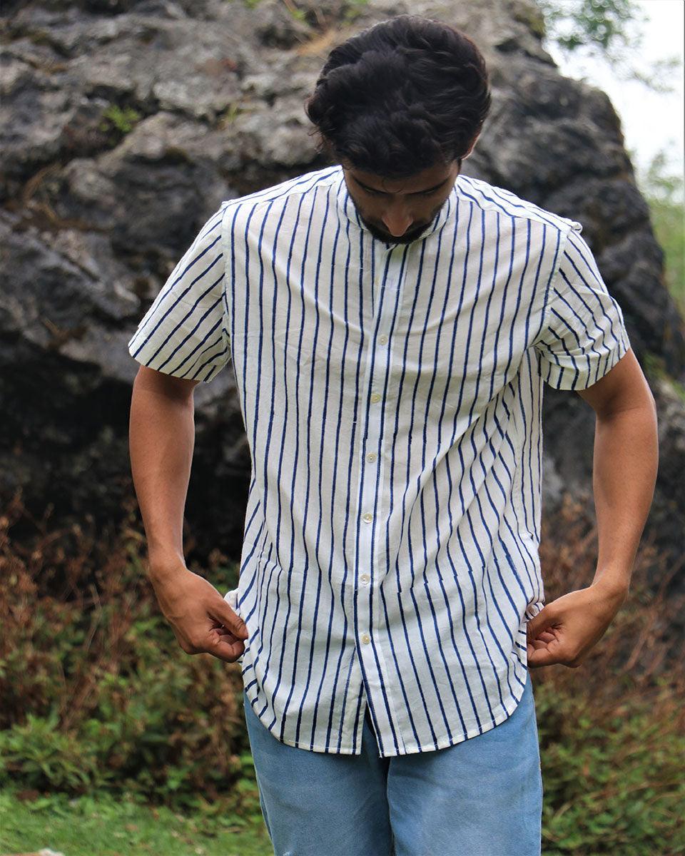Ivory Striped Block Printed Cotton Half-Sleeved Shirt - Image 6