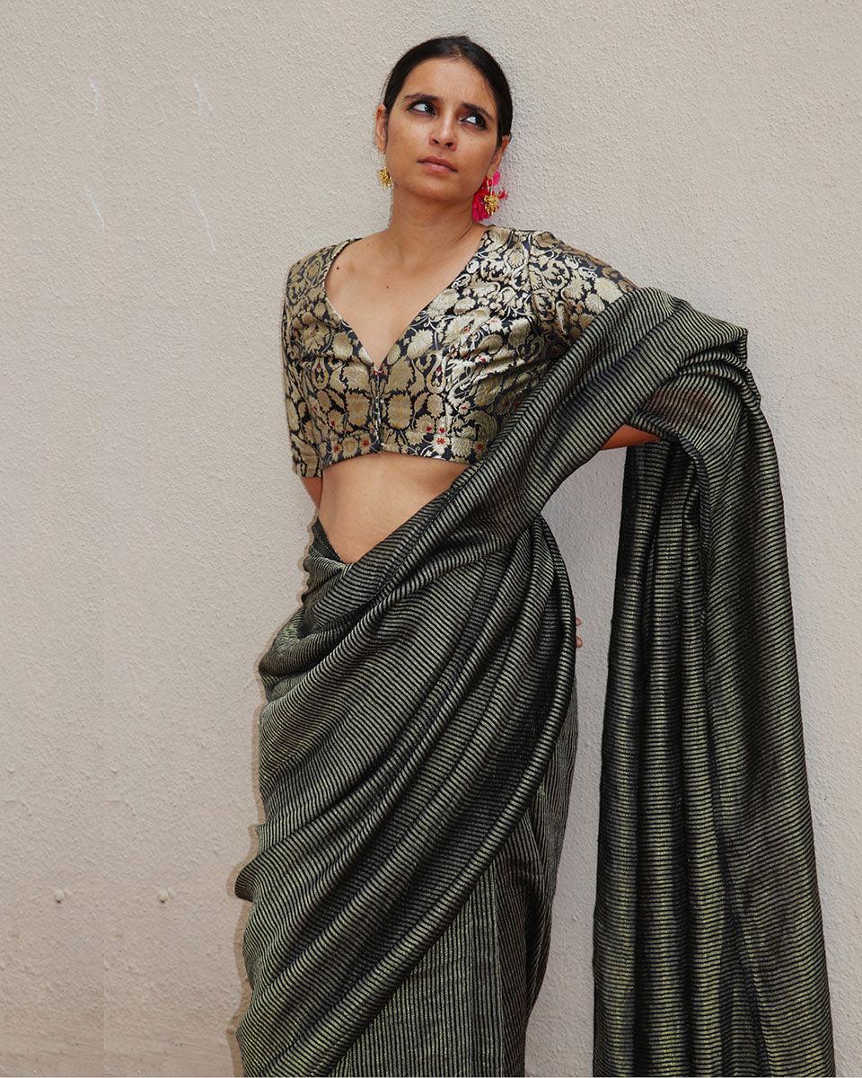 Jade Black Handwoven Linen Zari Saree - TOG - Image 6