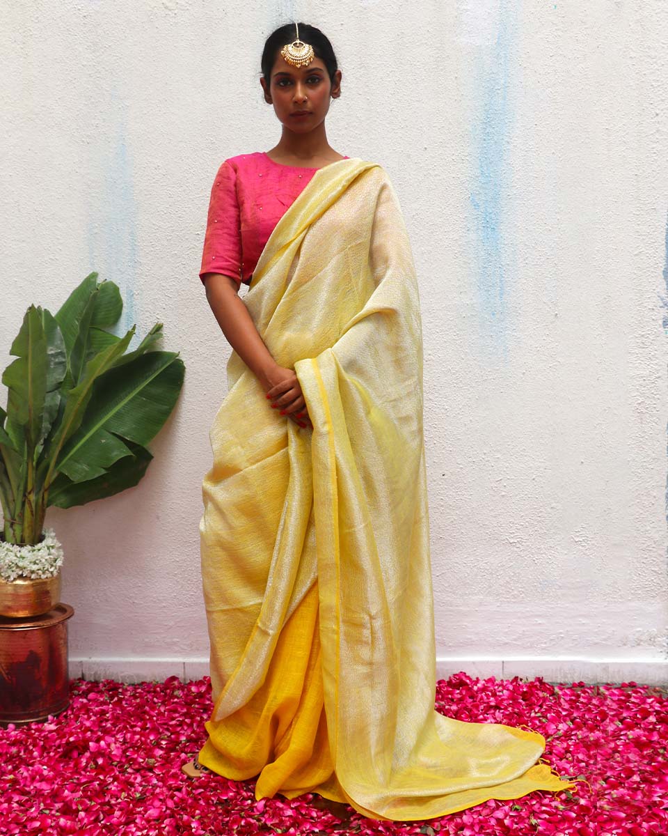 Jasnoor Yellow Handwoven Linen Zari Saree - Eknoor - Image 13