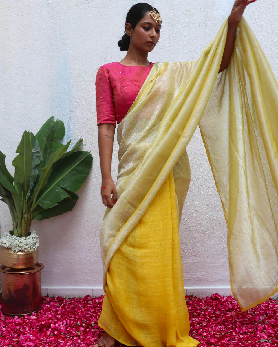 Jasnoor Yellow Handwoven Linen Zari Saree - Eknoor - Image 14