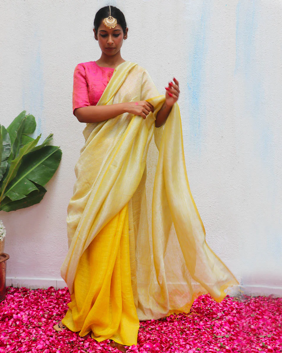 Jasnoor Yellow Handwoven Linen Zari Saree - Eknoor - Image 15