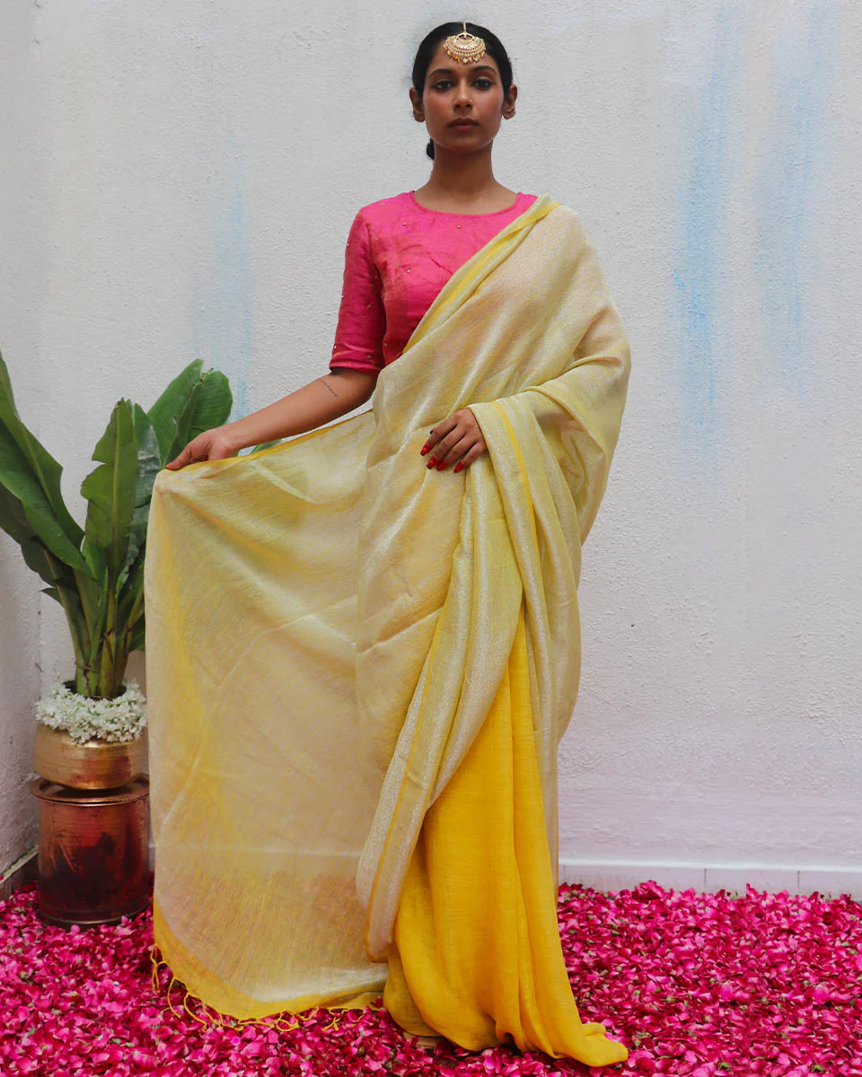 Jasnoor Yellow Handwoven Linen Zari Saree - Eknoor - Image 17