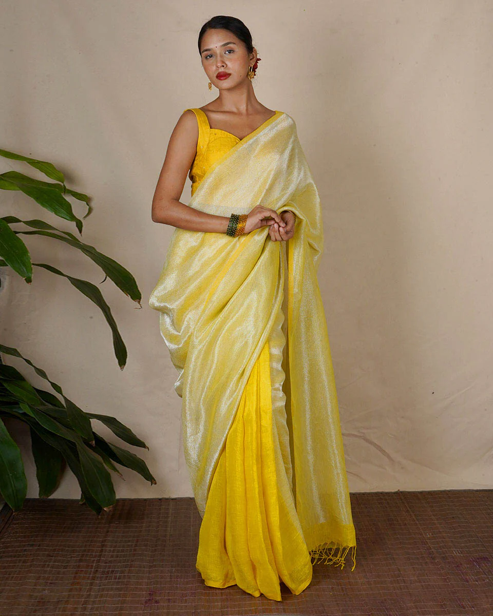 Jasnoor Yellow Handwoven Linen Zari Saree - Eknoor - Image 2