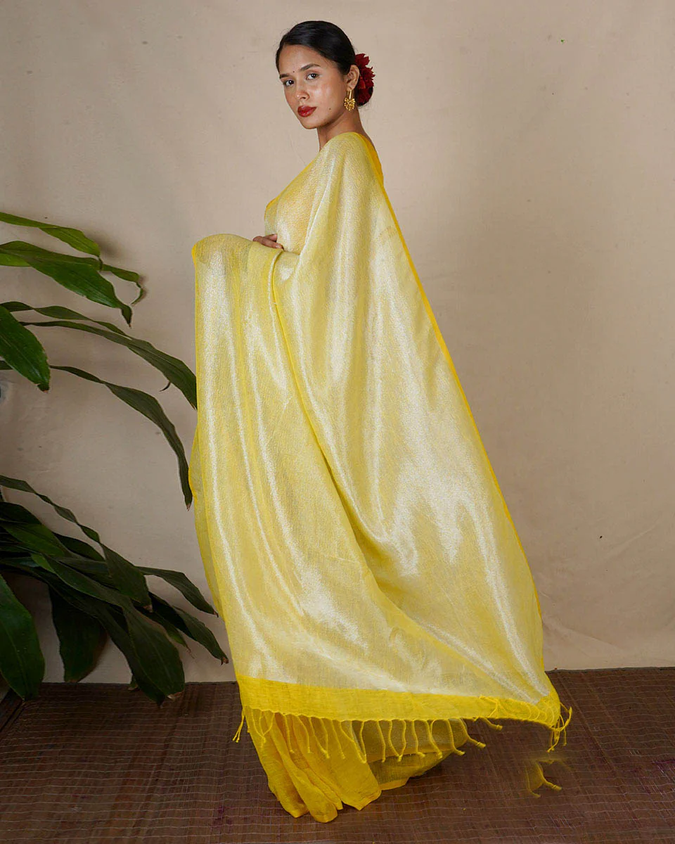 Jasnoor Yellow Handwoven Linen Zari Saree - Eknoor - Image 4