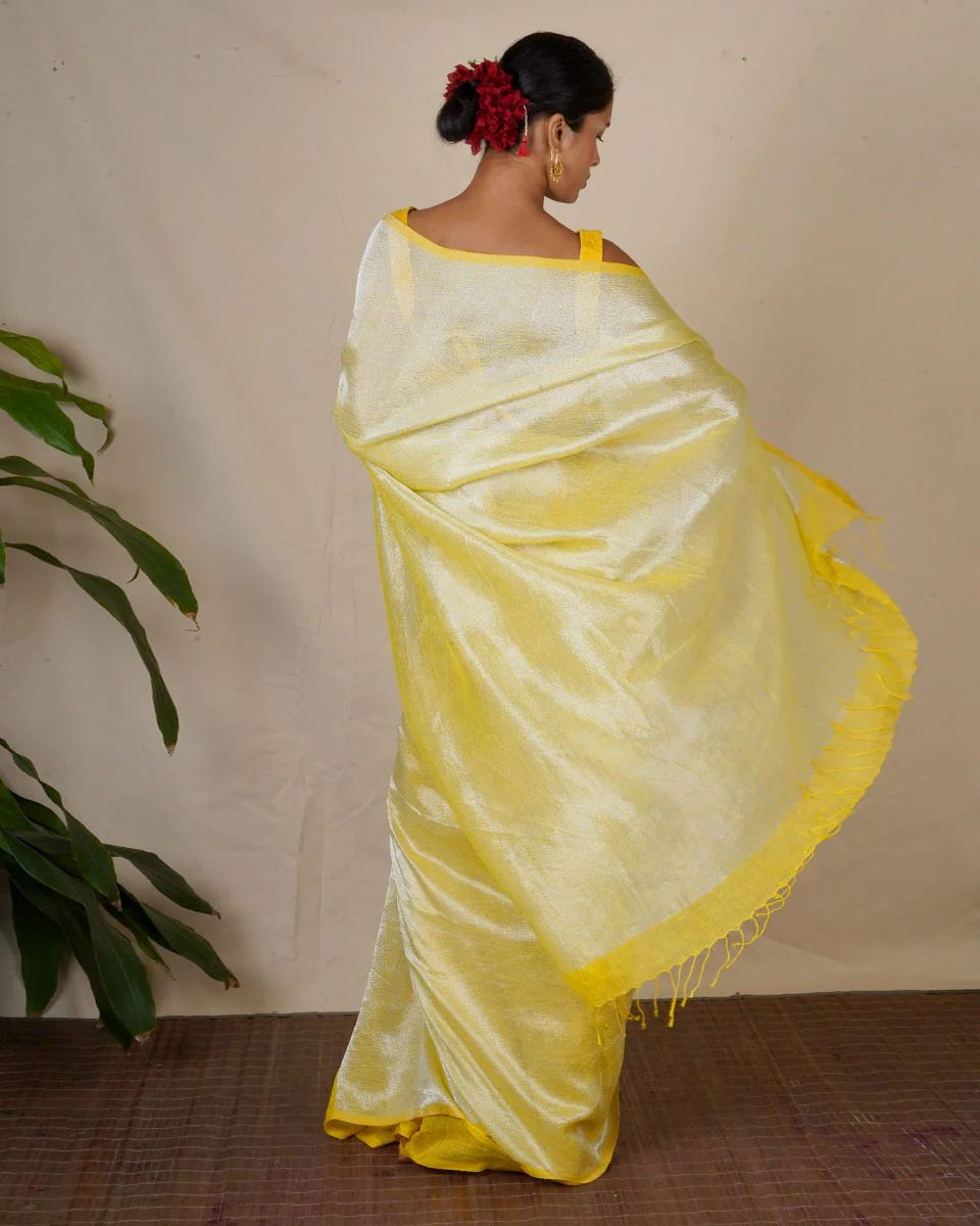 Jasnoor Yellow Handwoven Linen Zari Saree - Eknoor - Image 6