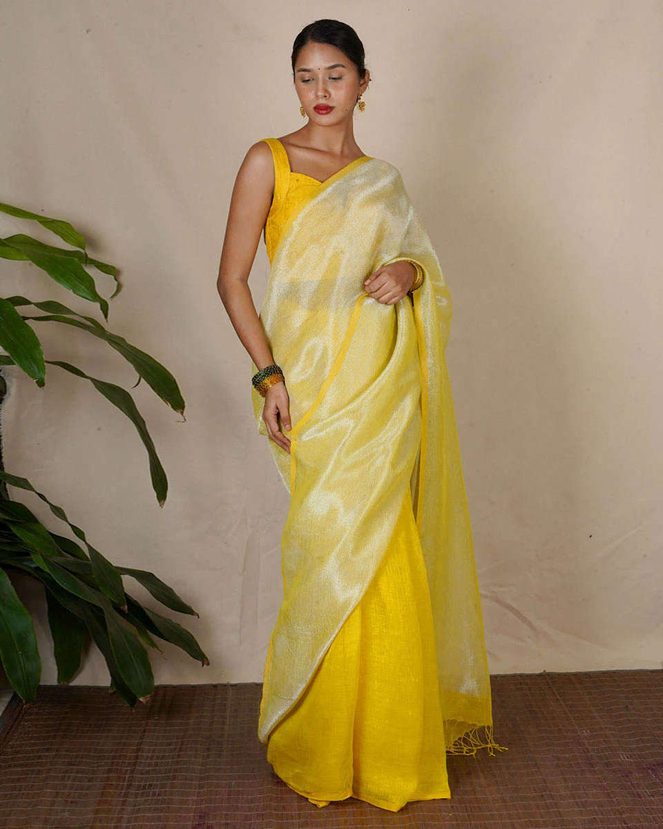 Jasnoor Yellow Handwoven Linen Zari Saree - Eknoor - Image 7