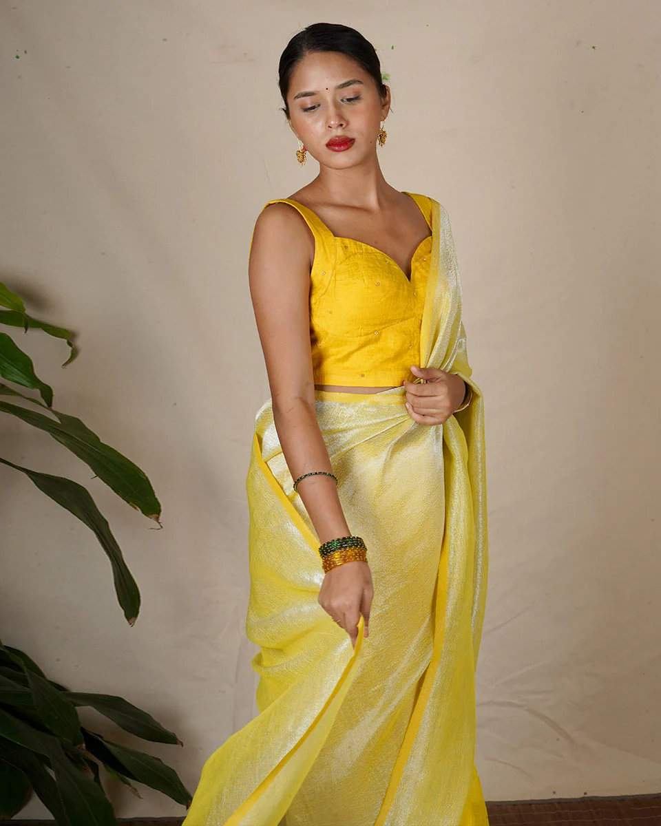 Jasnoor Yellow Handwoven Linen Zari Saree - Eknoor - Image 8