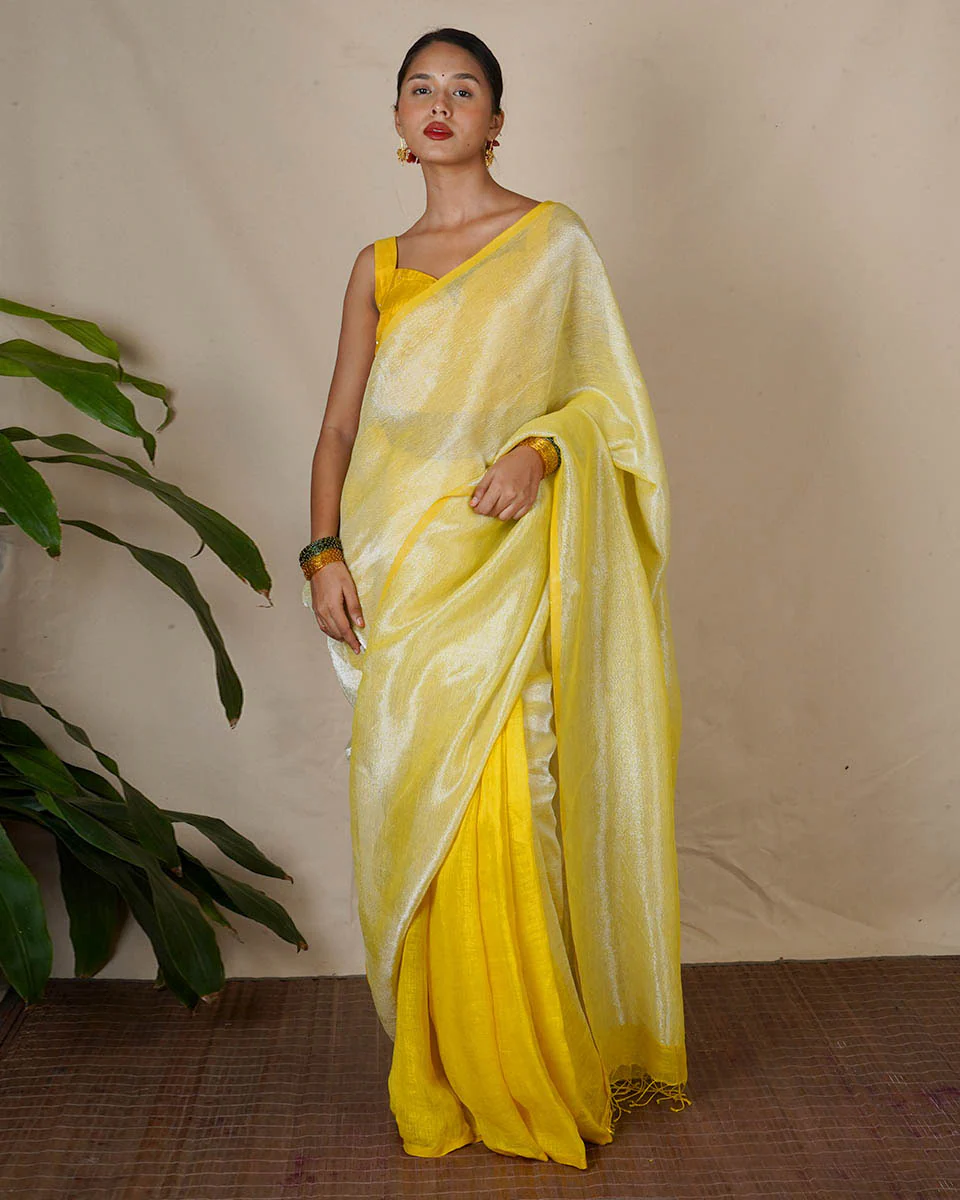 Jasnoor Yellow Handwoven Linen Zari Saree - Eknoor - Image 9