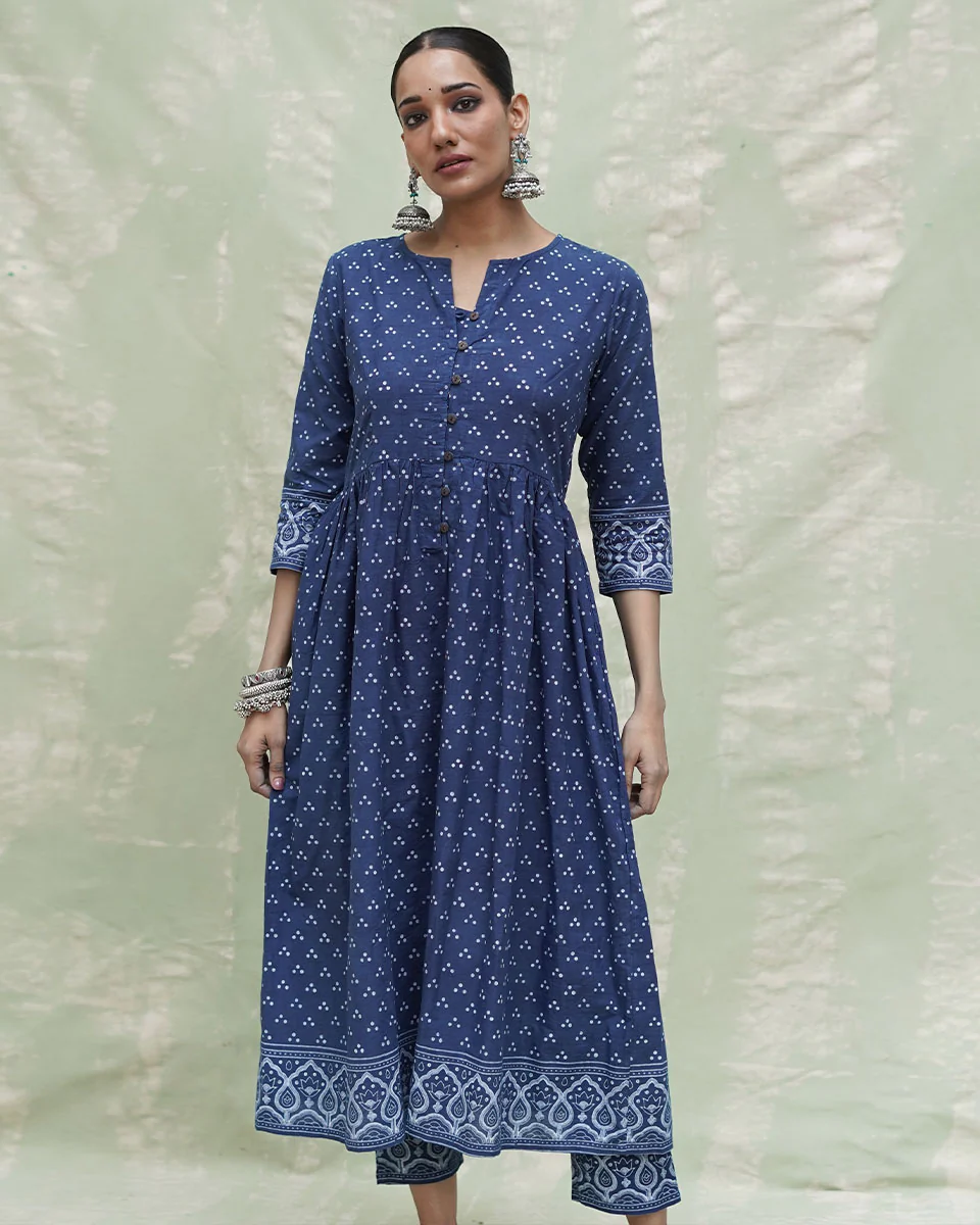 Jogi Blue Handblock Print Cotton Kurta Set - INDI - Image 4