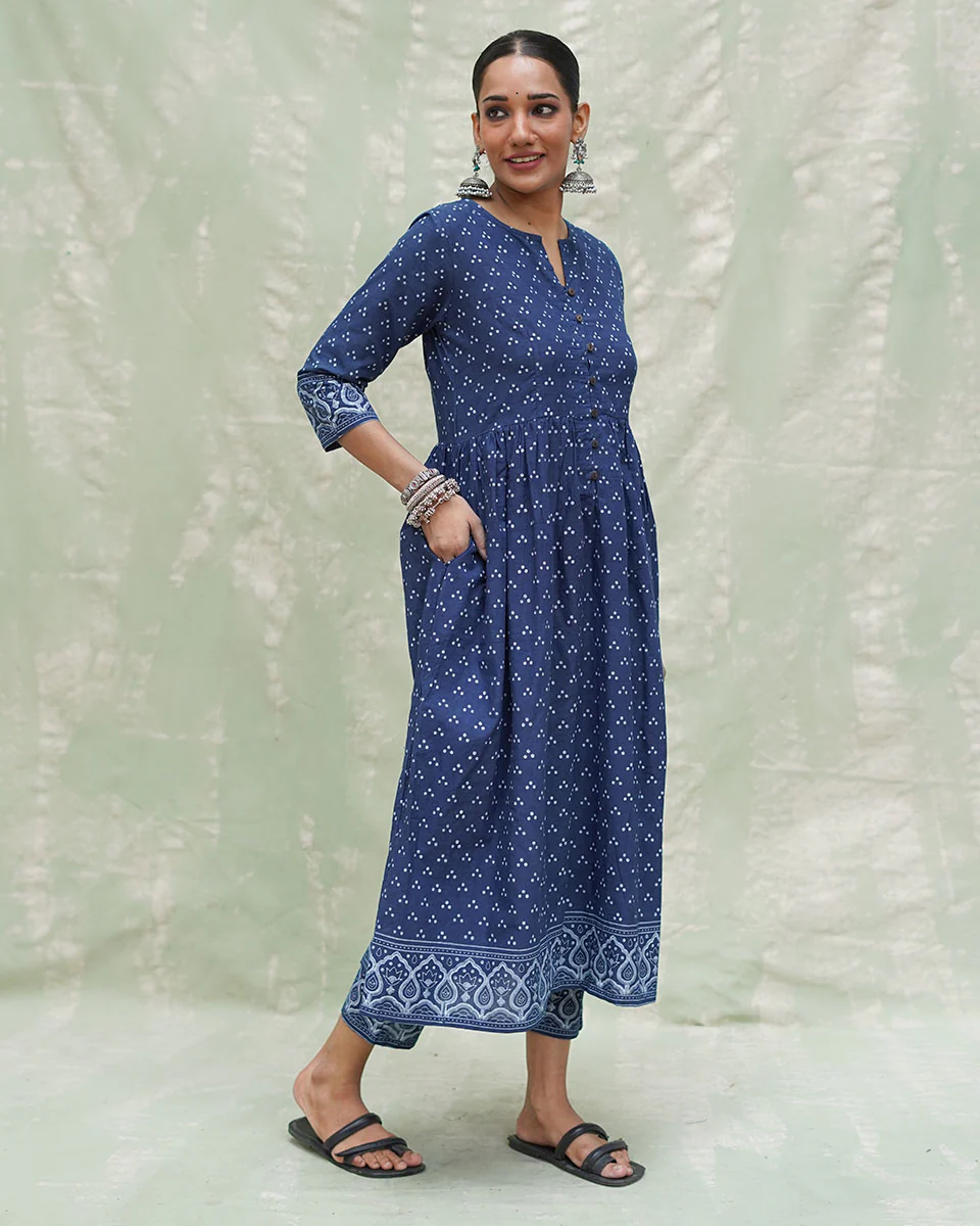 Jogi Blue Handblock Print Cotton Kurta Set - INDI - Image 6