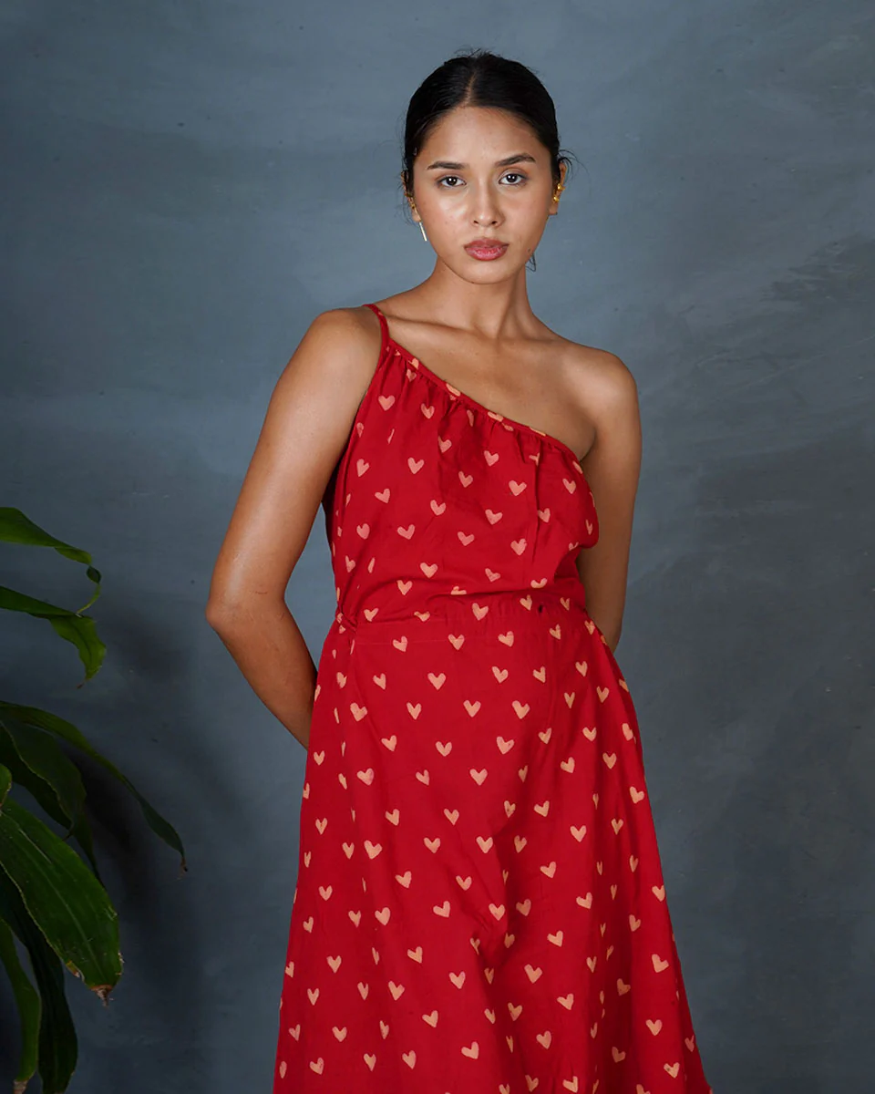 Jyoti Red Hand Block Printed Cotton Dress-MYA