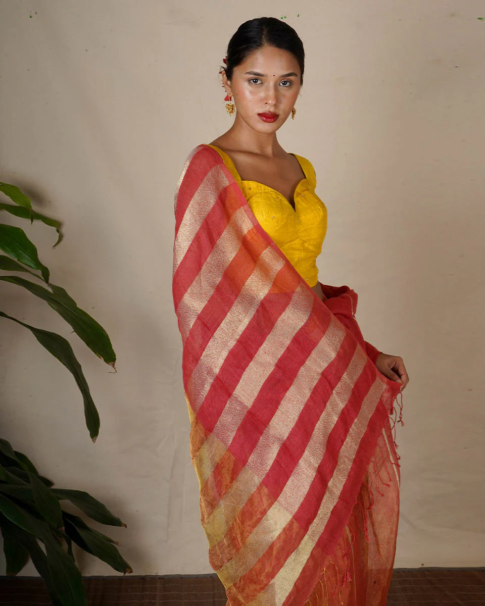 Jyotsna Maroon Handwoven Linen Zari Saree - Eknoor - Image 5