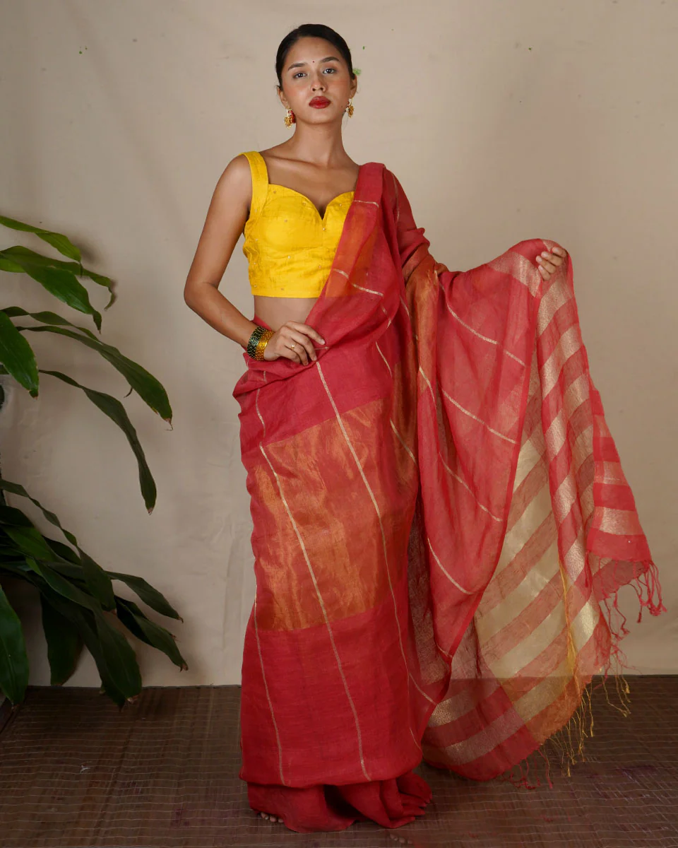 Jyotsna Maroon Handwoven Linen Zari Saree - Eknoor - Image 6
