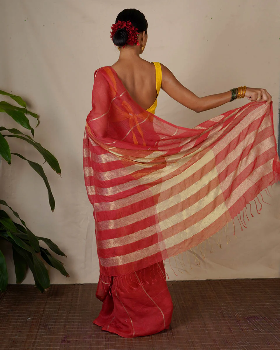 Jyotsna Maroon Handwoven Linen Zari Saree - Eknoor - Image 7