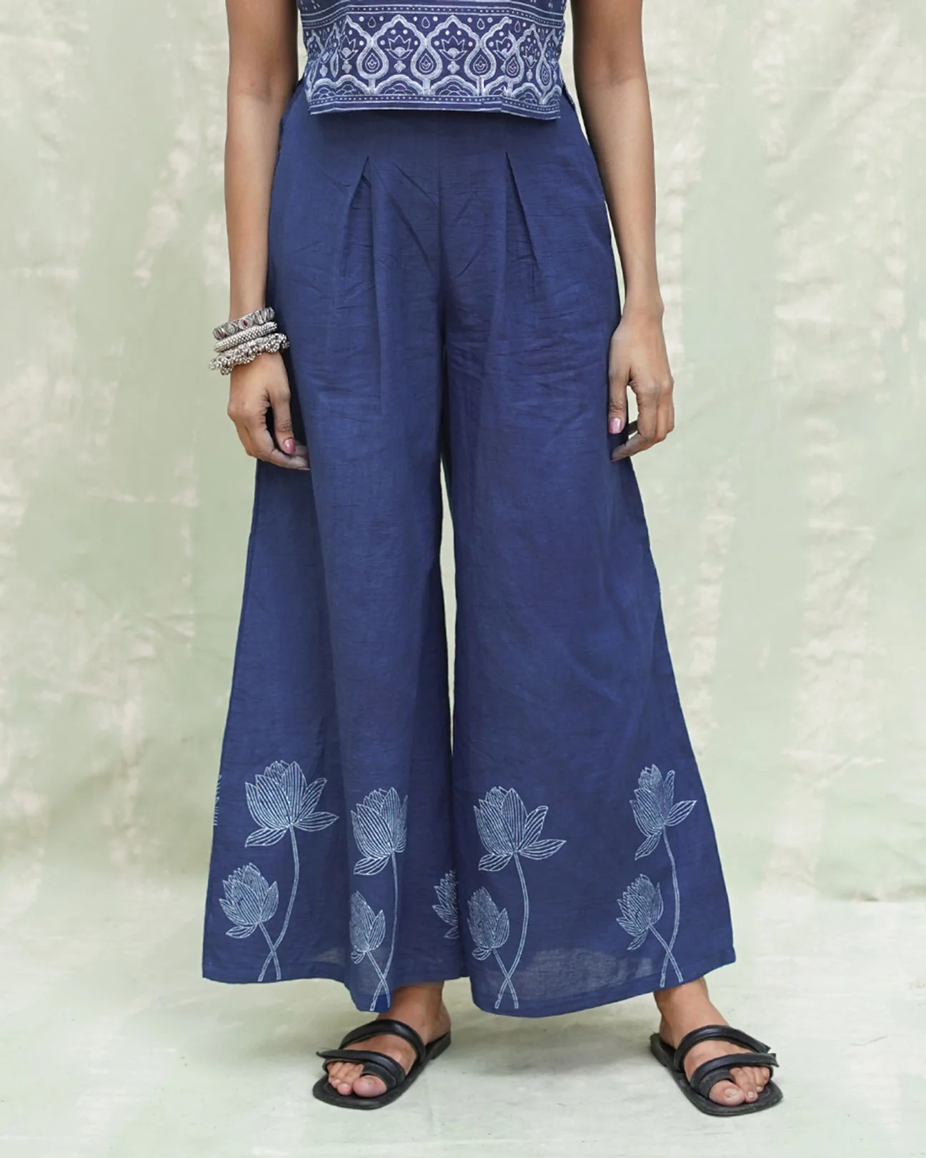 Kalashri Blue Handblock Print Cotton Pant - INDI