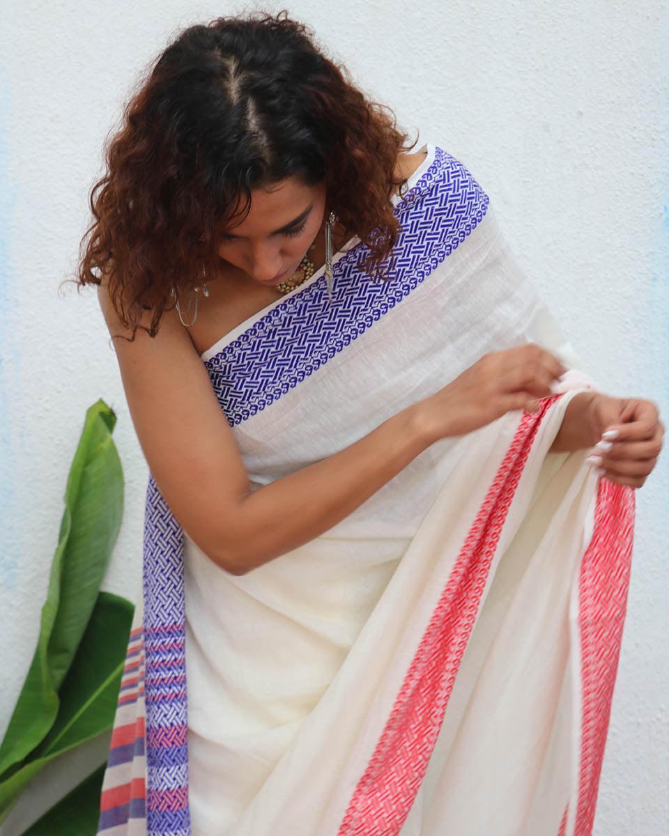 Katyayani Ivory Handwoven Linen Cotton Jamdani Saree - Uma - Image 7
