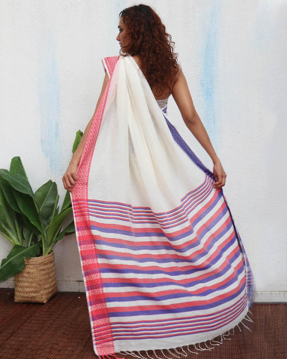 Katyayani Ivory Handwoven Linen Cotton Jamdani Saree - Uma - Image 8