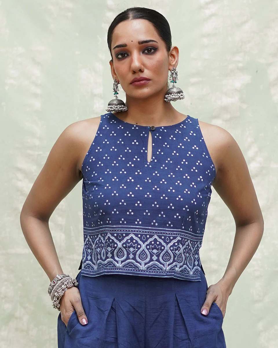 Khamaj Blue Handblock Print Cotton Blouse - INDI