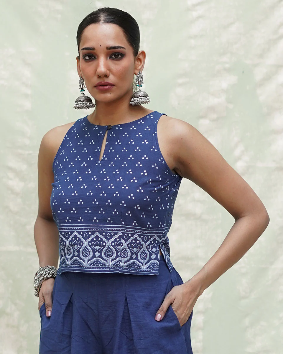 Khamaj Blue Handblock Print Cotton Blouse - INDI - Image 2