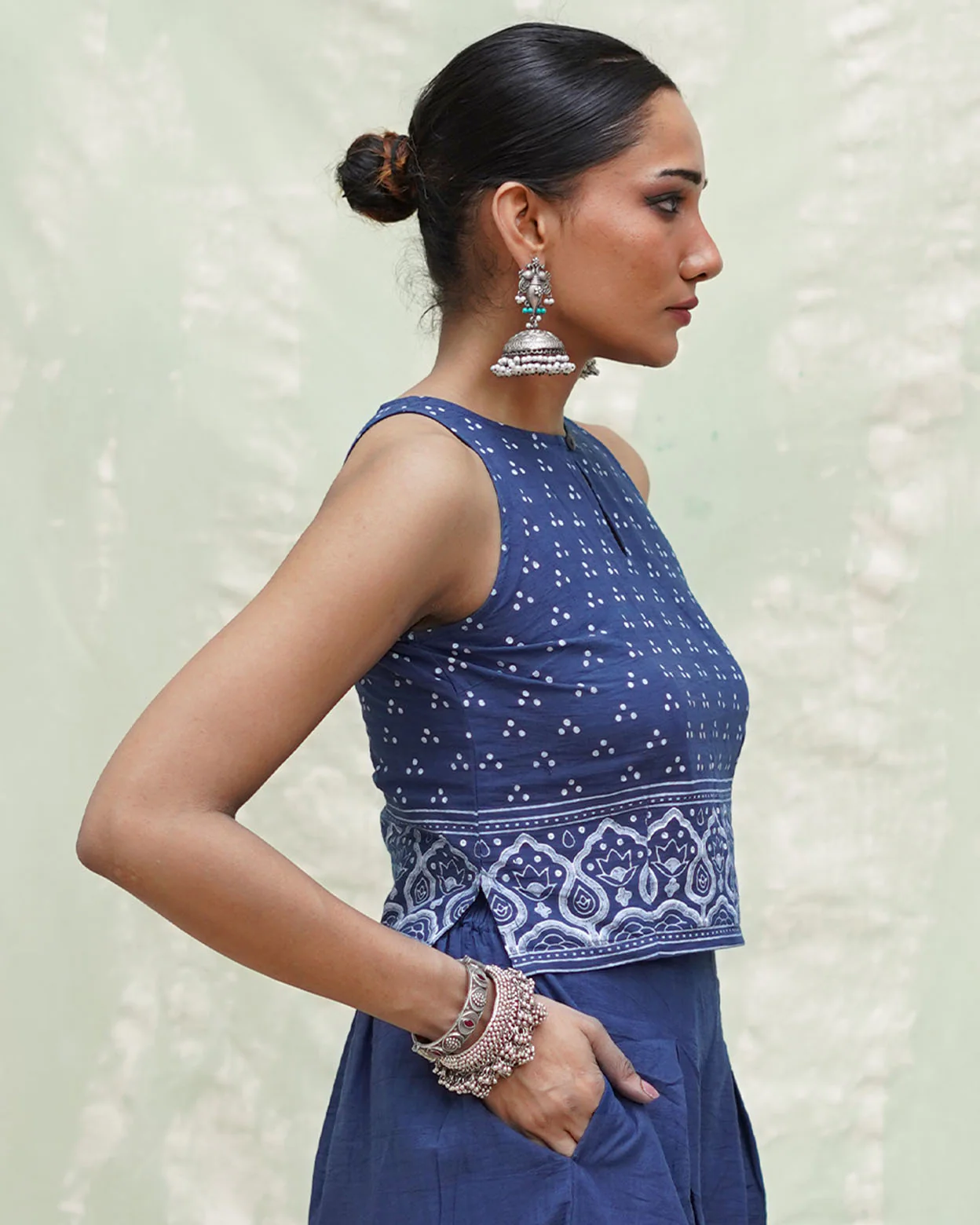 Khamaj Blue Handblock Print Cotton Blouse - INDI - Image 4
